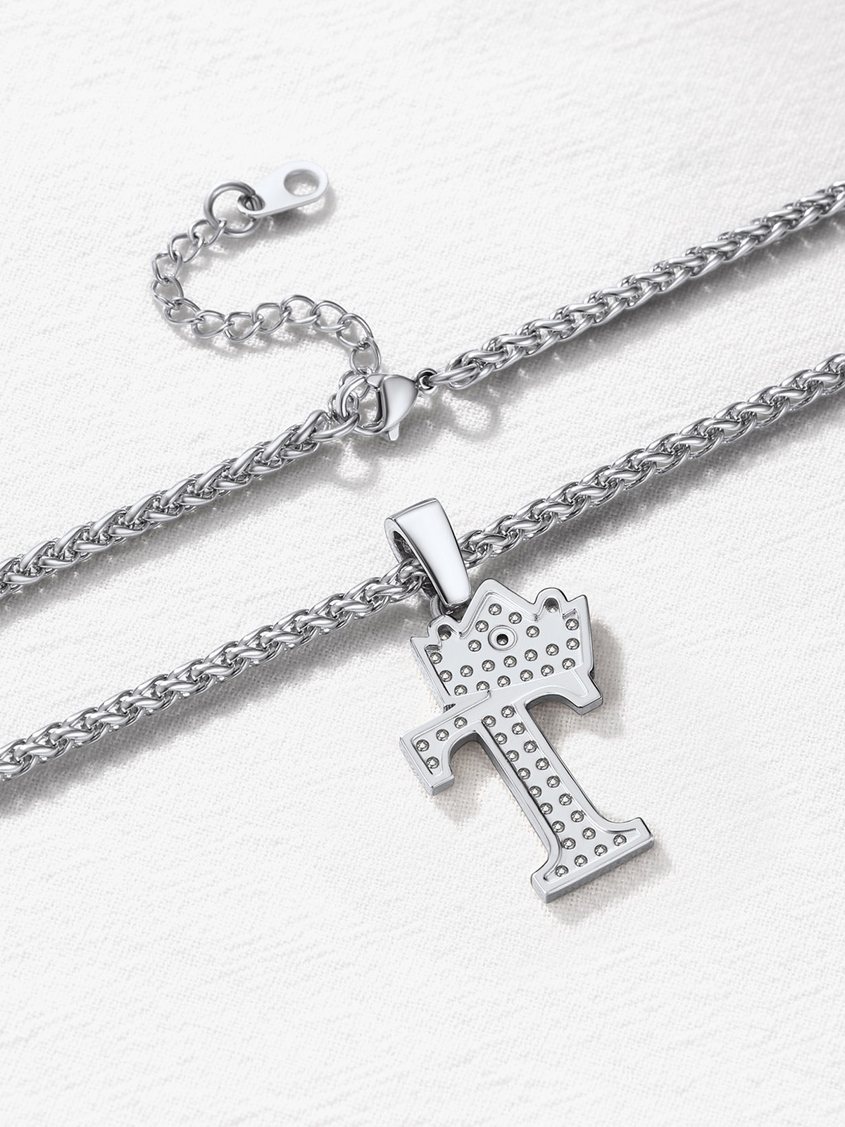Crown Initial T Pendant Iced Out Necklace with CZ in Silver