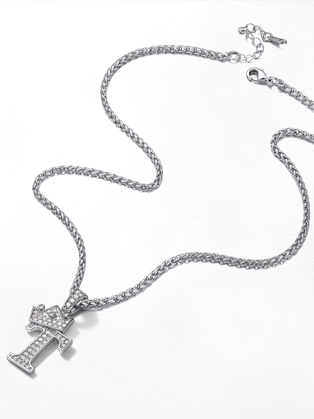 Crown Initial T Pendant Iced Out Necklace with CZ in Silver