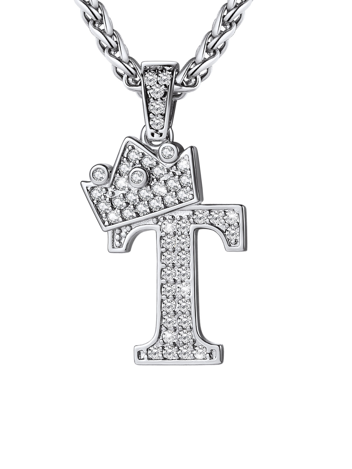 Crown Initial T Pendant Iced Out Necklace with CZ in Silver