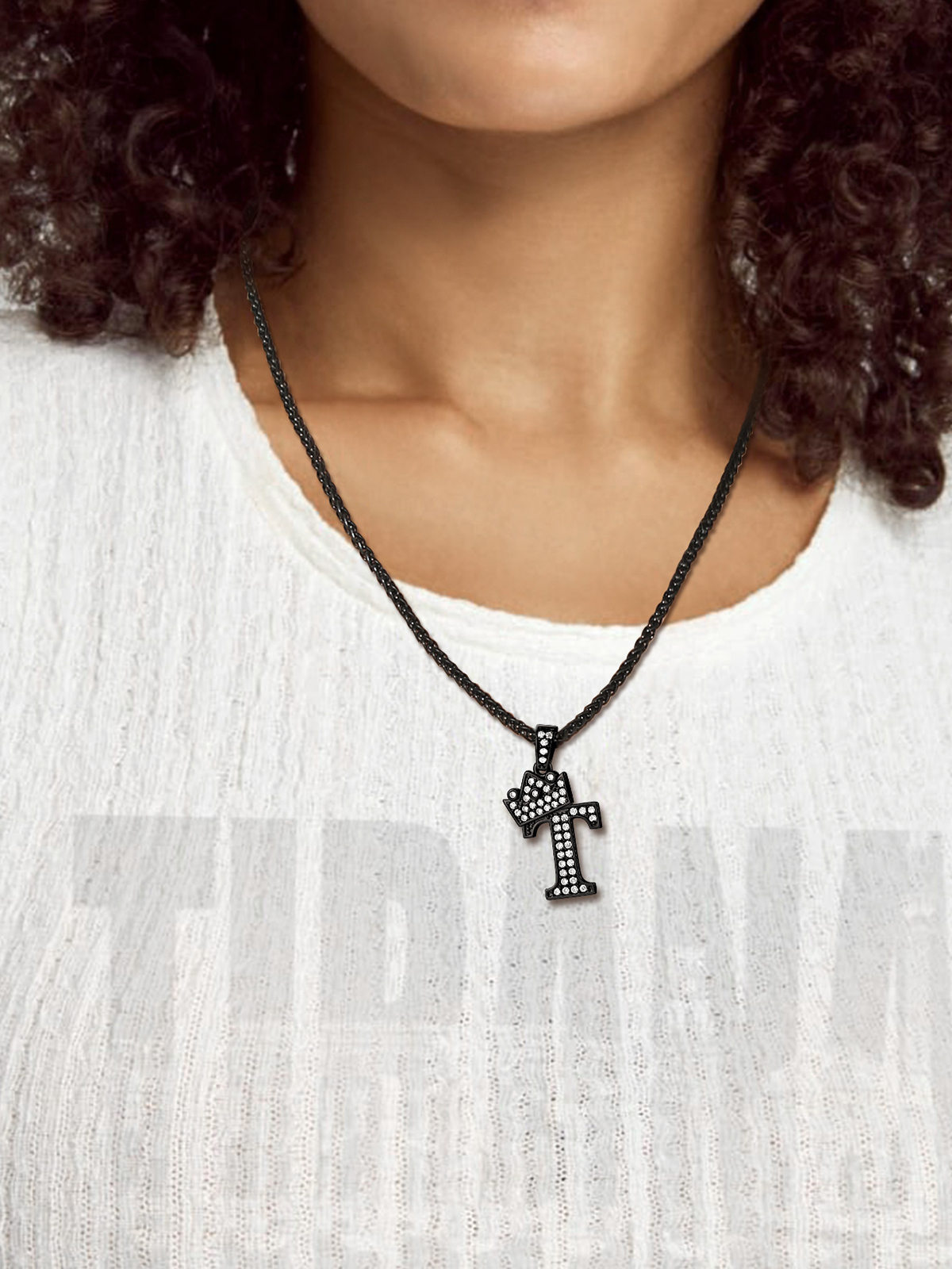 Crown Initial T Pendant Iced Out Necklace with CZ in Black
