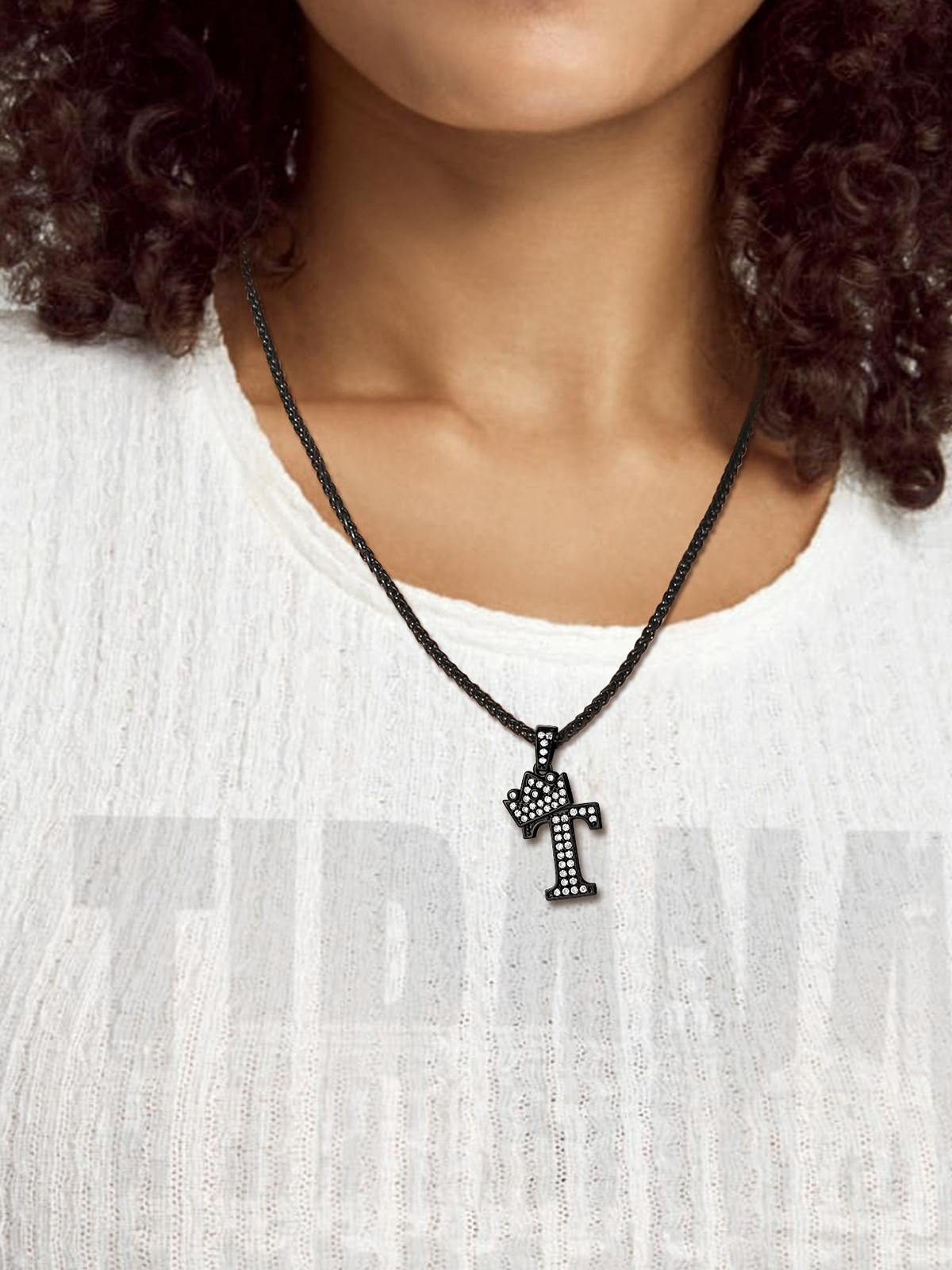 Crown Initial T Pendant Iced Out Necklace with CZ in Black