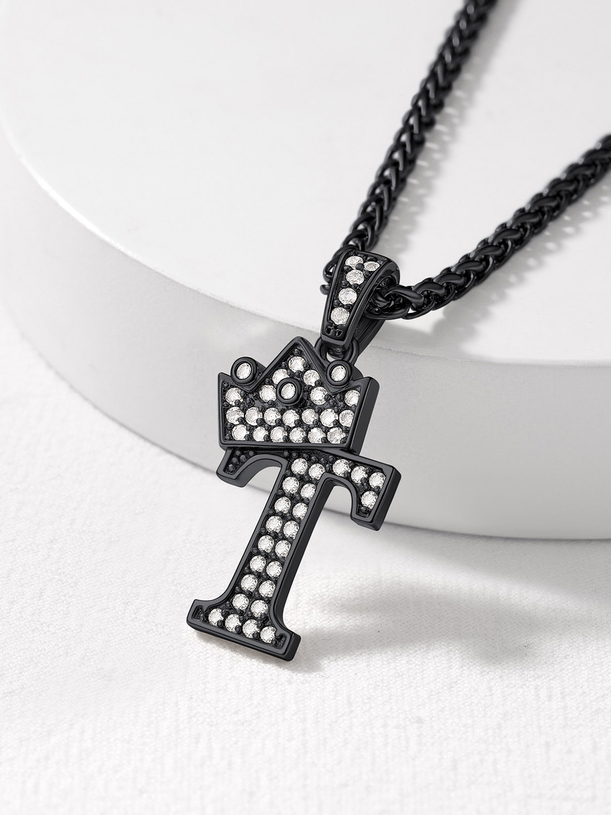Crown Initial T Pendant Iced Out Necklace with CZ in Black
