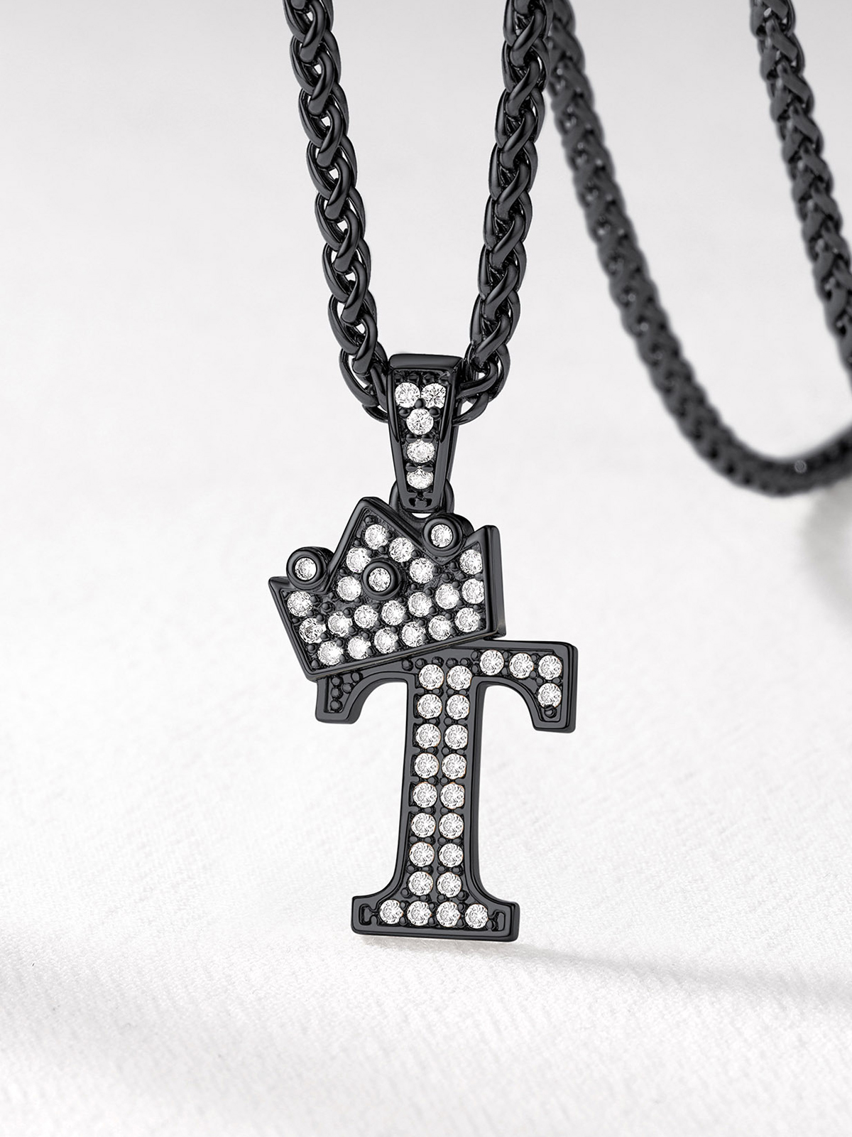 Crown Initial T Pendant Iced Out Necklace with CZ in Black