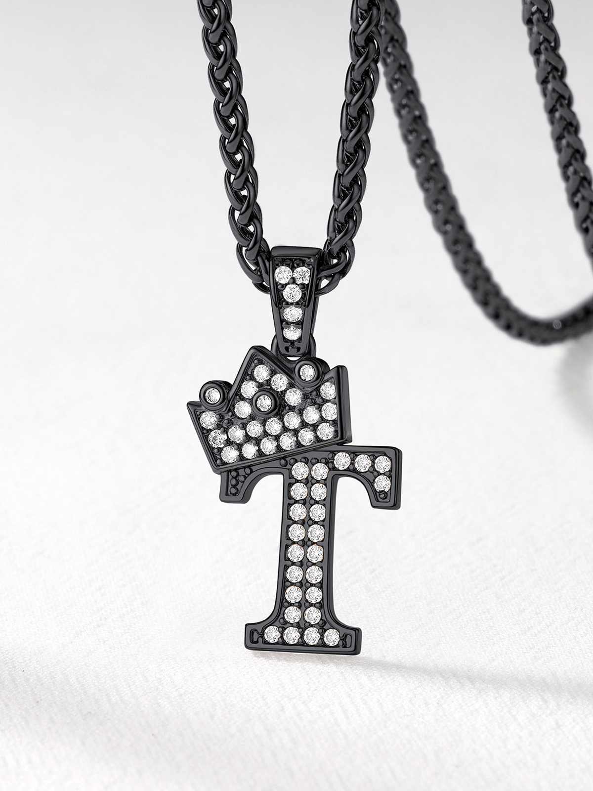 Crown Initial T Pendant Iced Out Necklace with CZ in Black