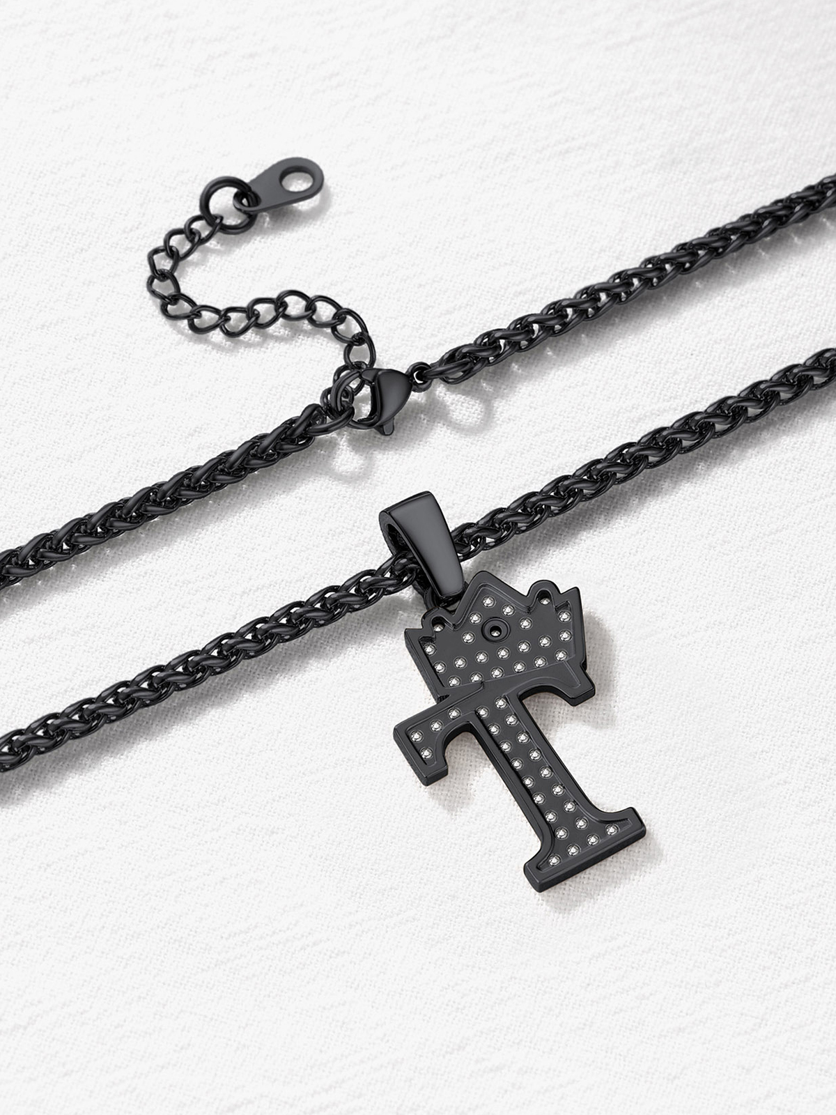 Crown Initial T Pendant Iced Out Necklace with CZ in Black