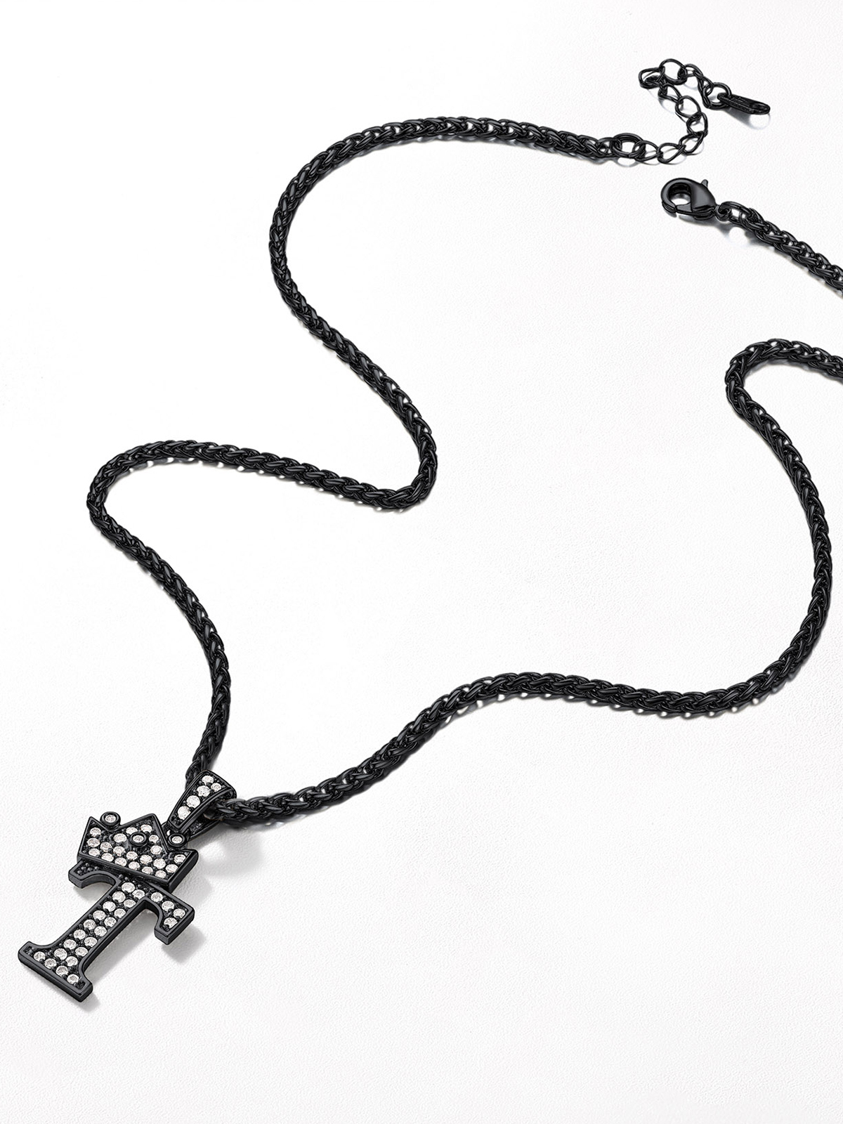 Crown Initial T Pendant Iced Out Necklace with CZ in Black