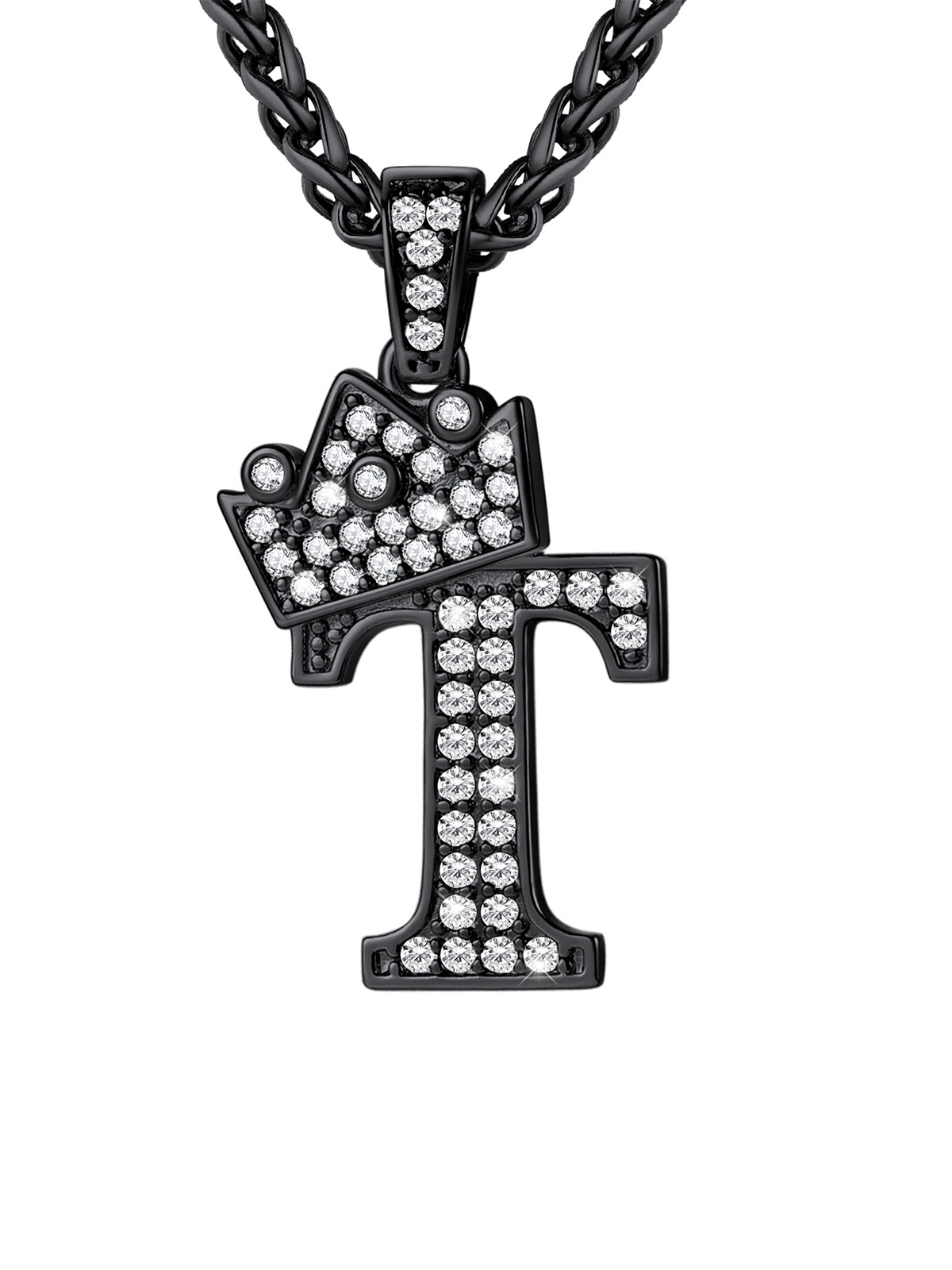 Crown Initial T Pendant Iced Out Necklace with CZ in Black