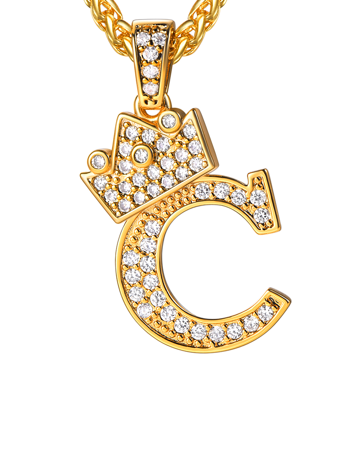 Crown Initial C Pendant Iced Out Necklace with CZ in 18K Gold