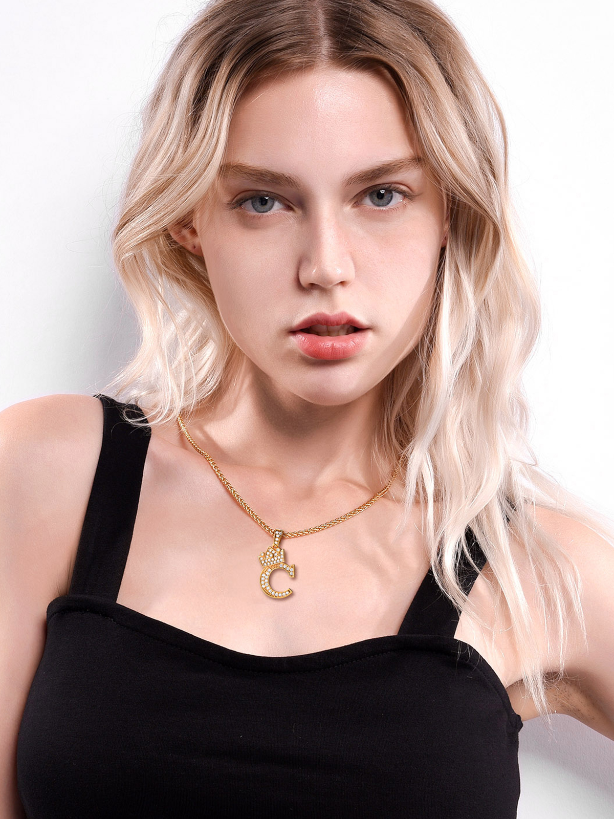 Crown Initial C Pendant Iced Out Necklace with CZ in 18K Gold