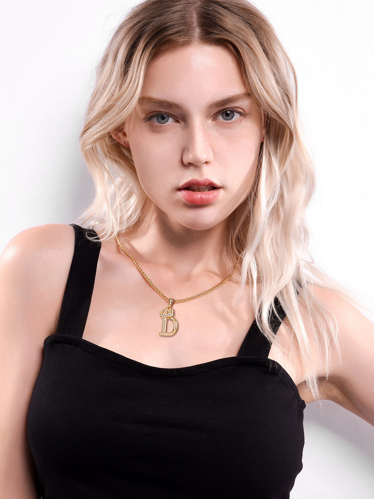 Crown Initial D Pendant Iced Out Necklace with CZ in 18K Gold