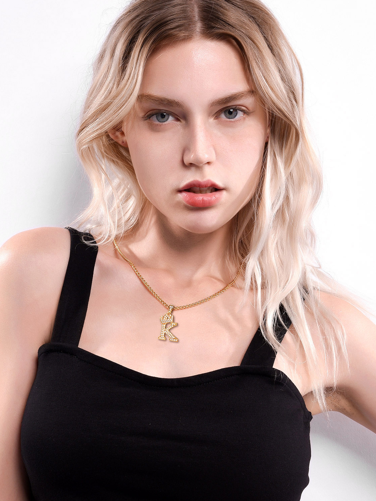 Crown Initial K Pendant Iced Out Necklace with CZ in 18K Gold