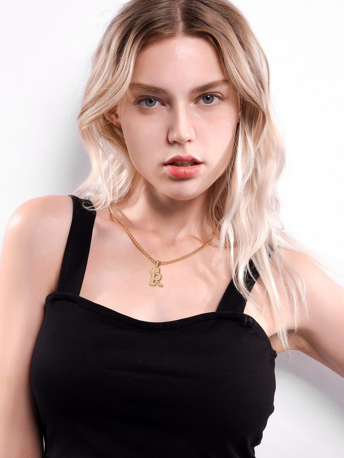 Crown Initial R Pendant Iced Out Necklace with CZ in 18K Gold