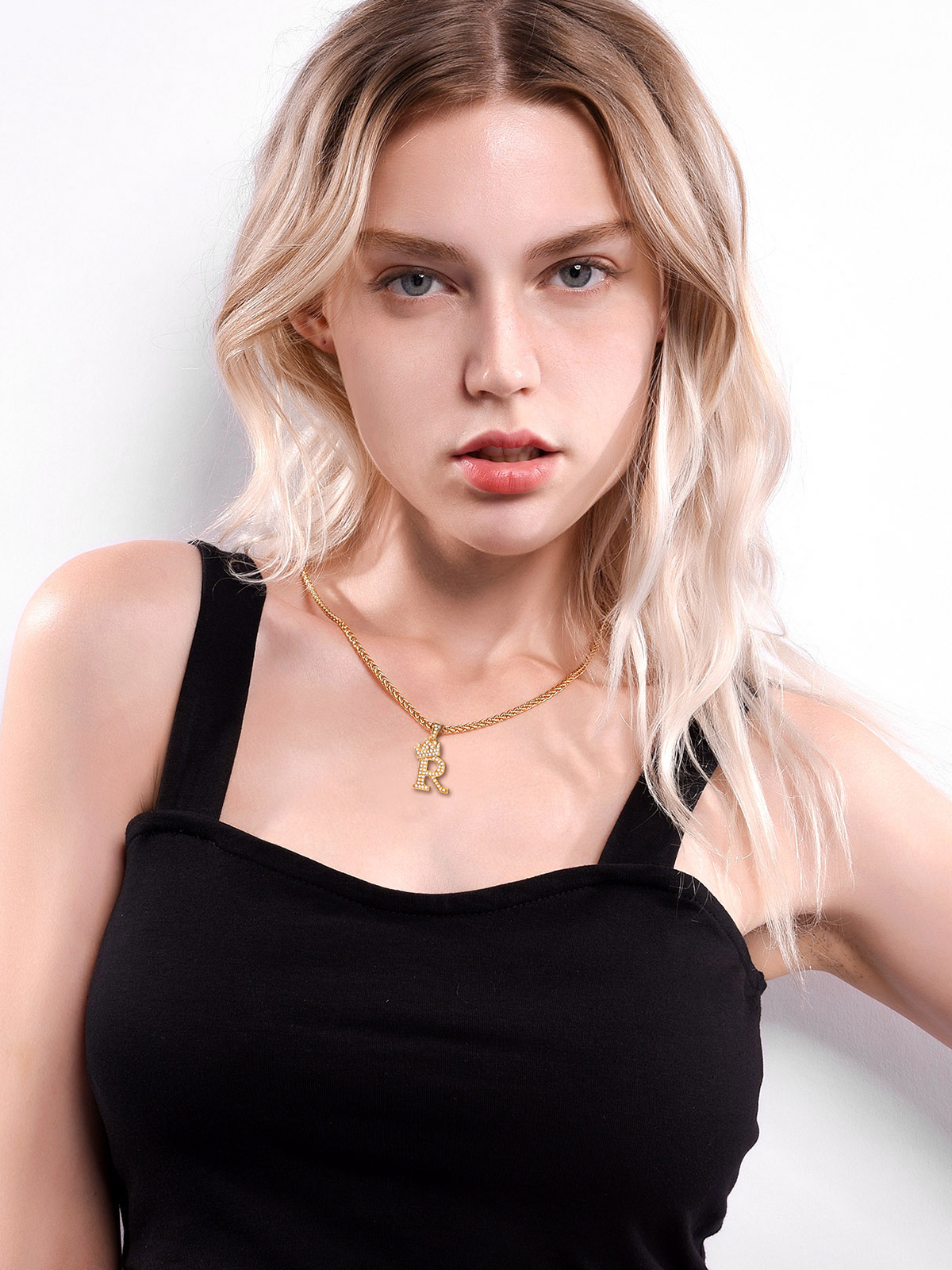 Crown Initial R Pendant Iced Out Necklace with CZ in 18K Gold