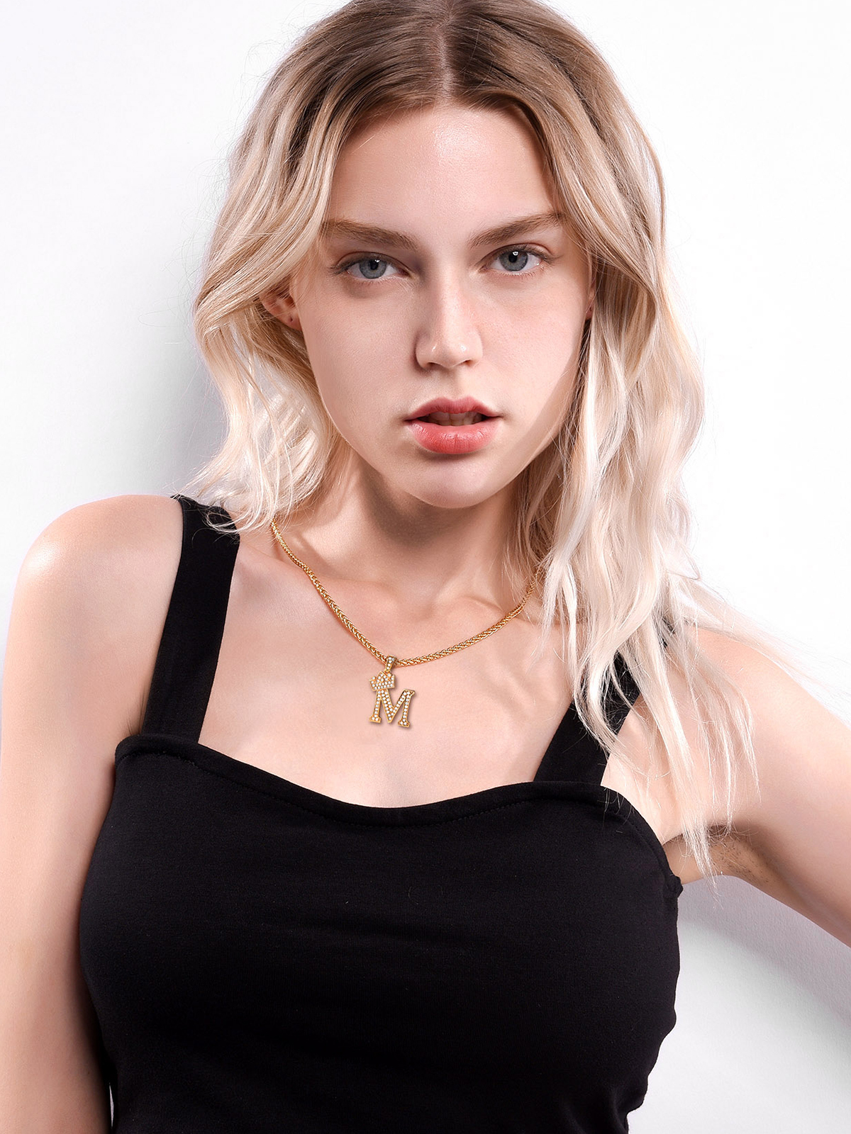 Crown Initial M Pendant Iced Out Necklace with CZ in 18K Gold