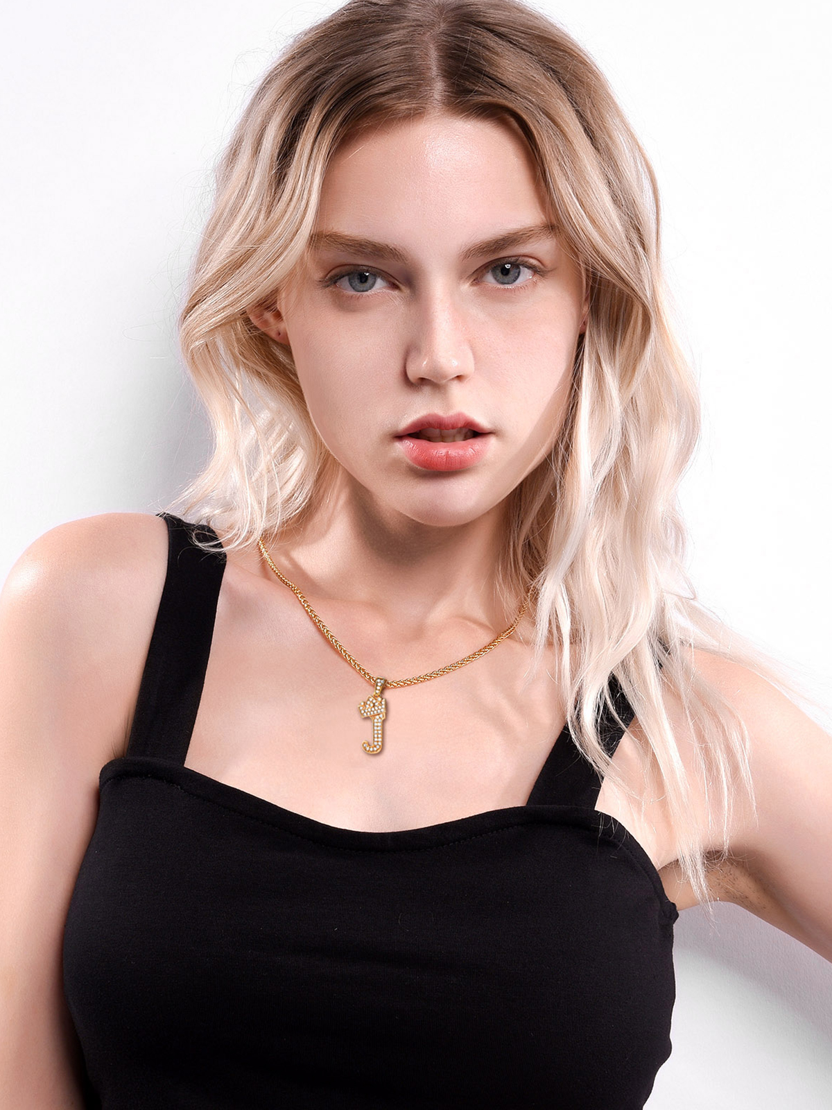 Crown Initial J Pendant Iced Out Necklace with CZ in 18K Gold