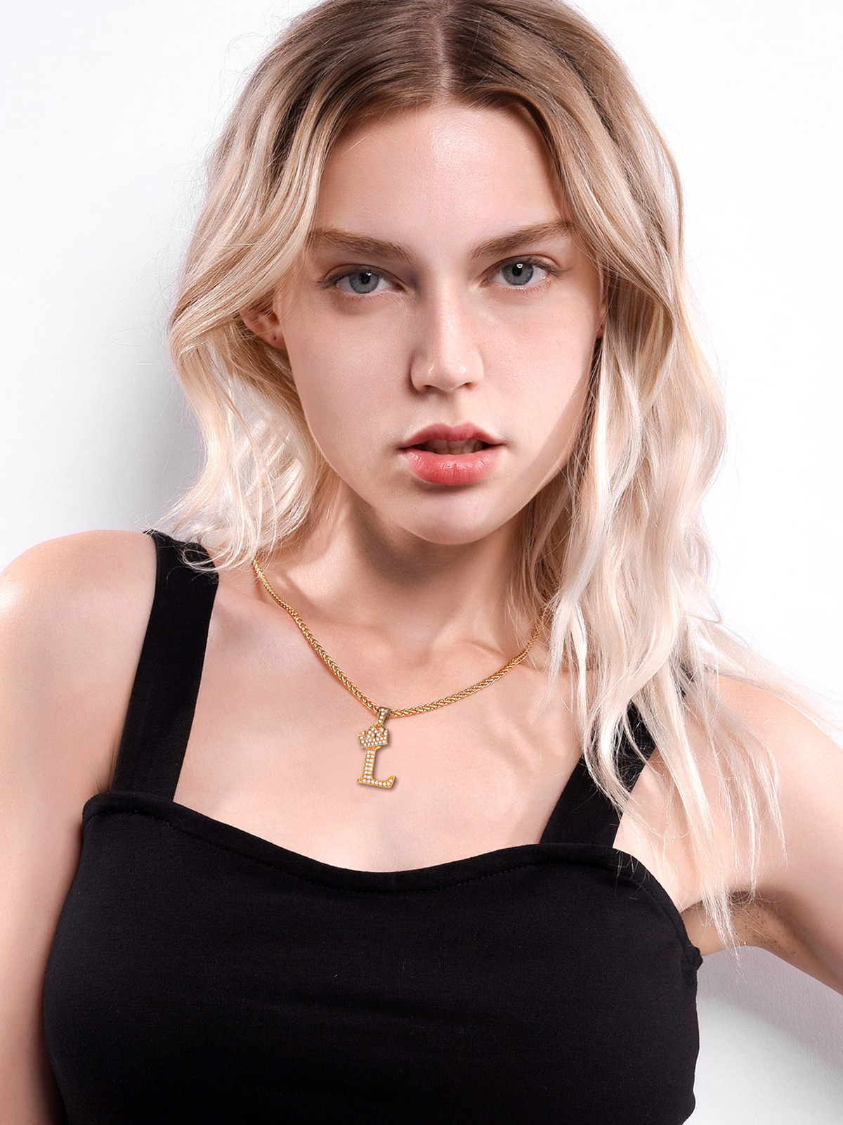 Crown Initial L Pendant Iced Out Necklace with CZ in 18K Gold