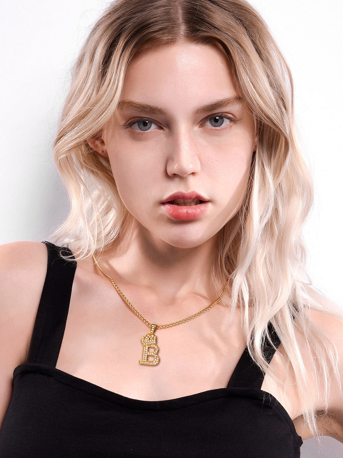Crown Initial Pendant Iced Out Necklace with CZ in 18K Gold