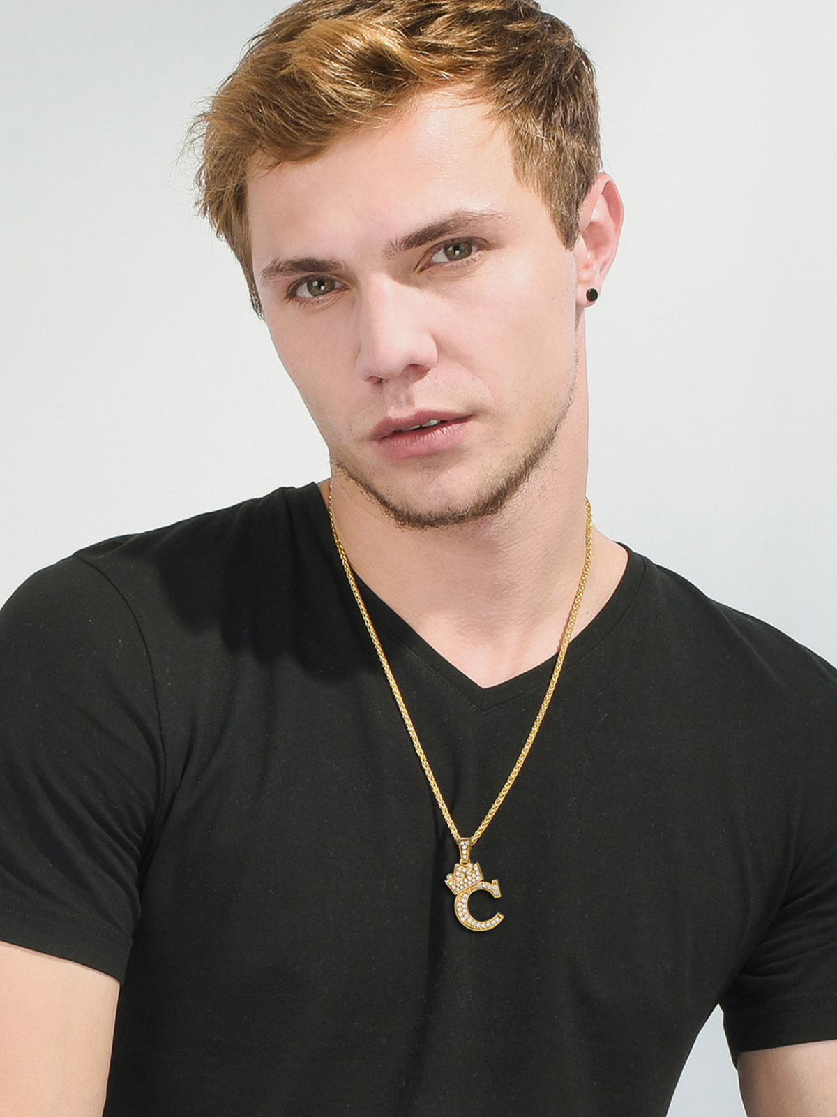 Crown Initial C Pendant Iced Out Necklace with CZ in 18K Gold