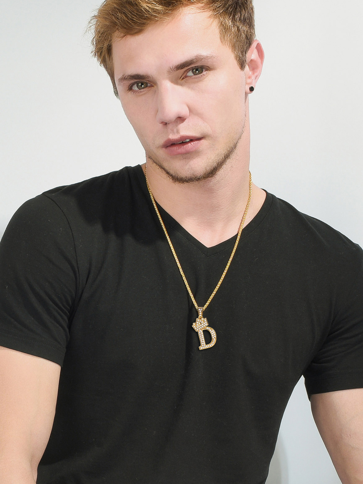 Crown Initial D Pendant Iced Out Necklace with CZ in 18K Gold