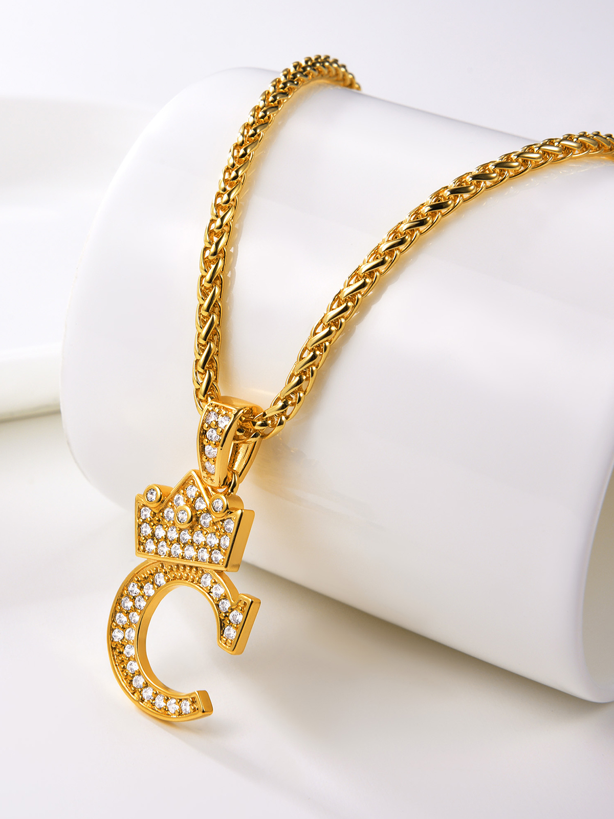 Crown Initial C Pendant Iced Out Necklace with CZ in 18K Gold