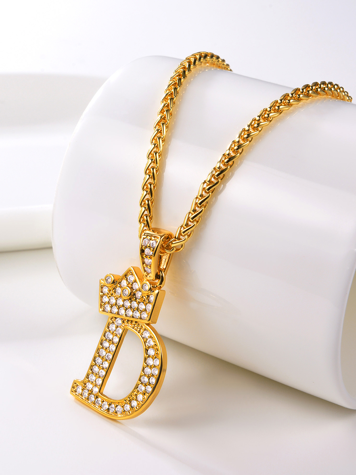 Crown Initial D Pendant Iced Out Necklace with CZ in 18K Gold
