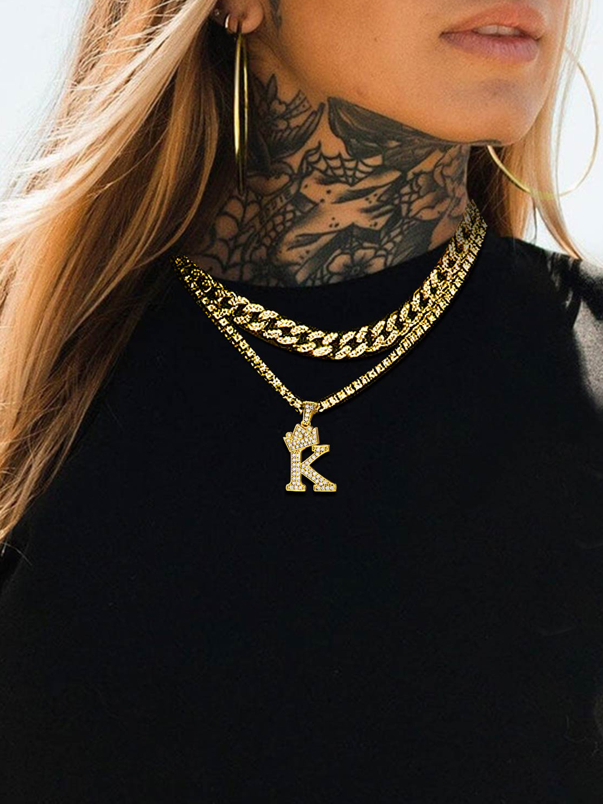 Crown Initial K Pendant Iced Out Necklace with CZ in 18K Gold