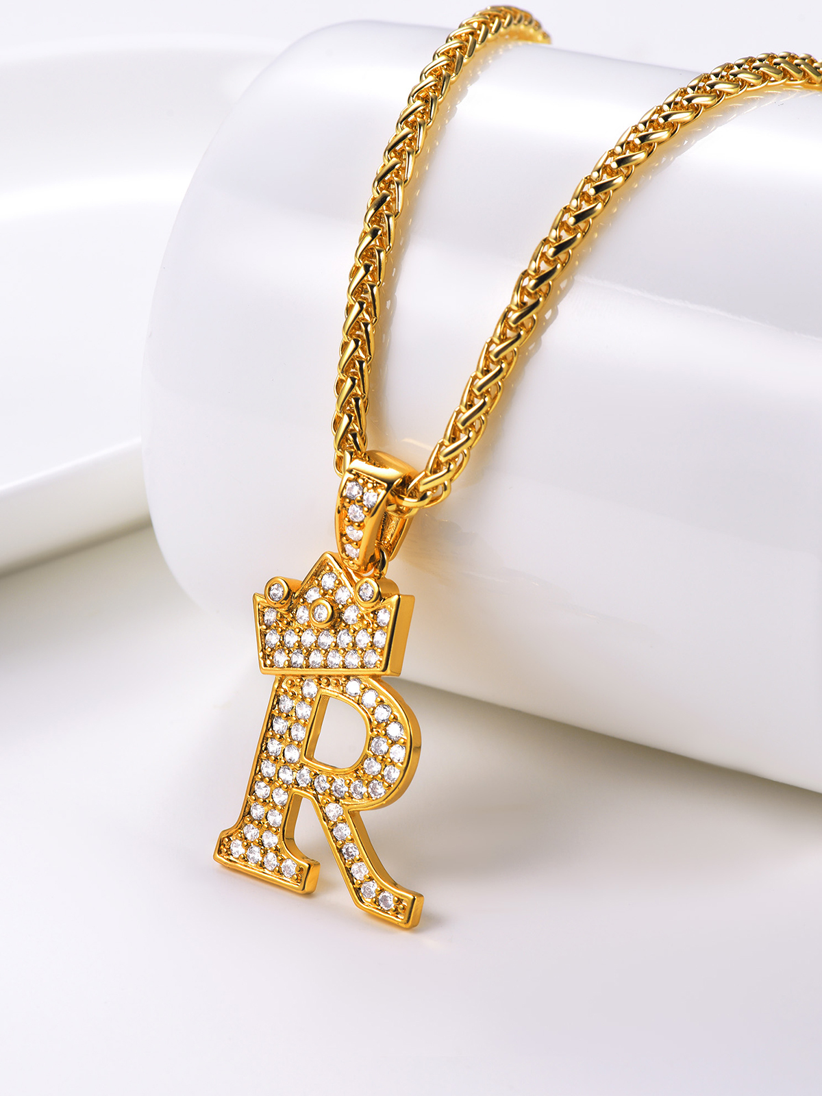 Crown Initial R Pendant Iced Out Necklace with CZ in 18K Gold