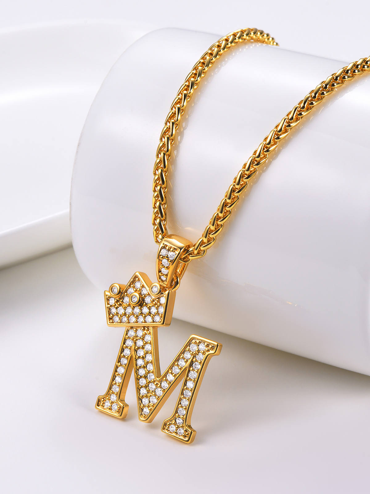 Crown Initial M Pendant Iced Out Necklace with CZ in 18K Gold