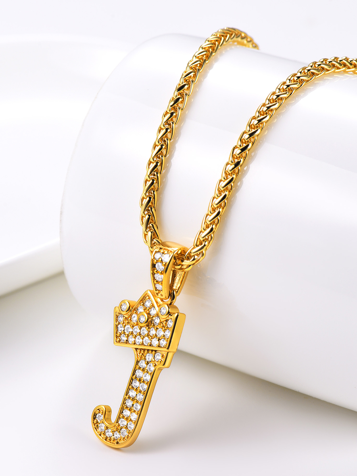 Crown Initial J Pendant Iced Out Necklace with CZ in 18K Gold