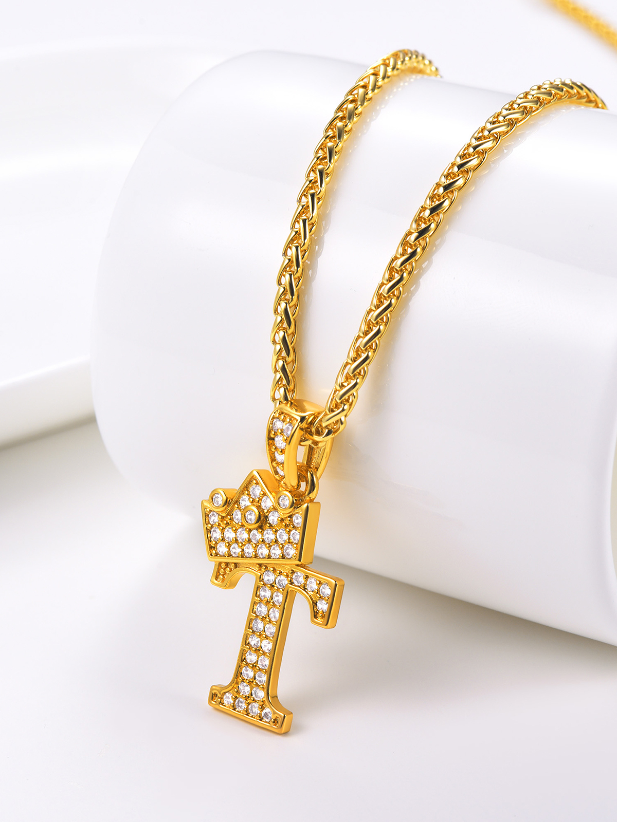 Crown Initial T Pendant Iced Out Necklace with CZ in 18K Gold