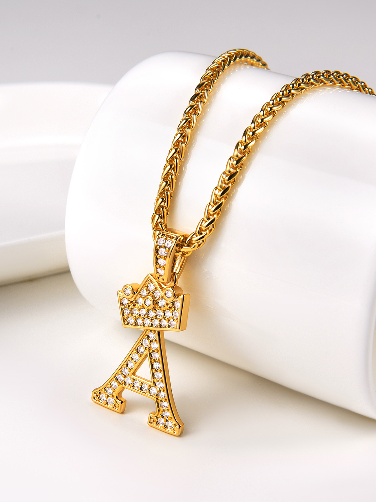 Crown Initial A Pendant Iced Out Necklace with CZ in Silver