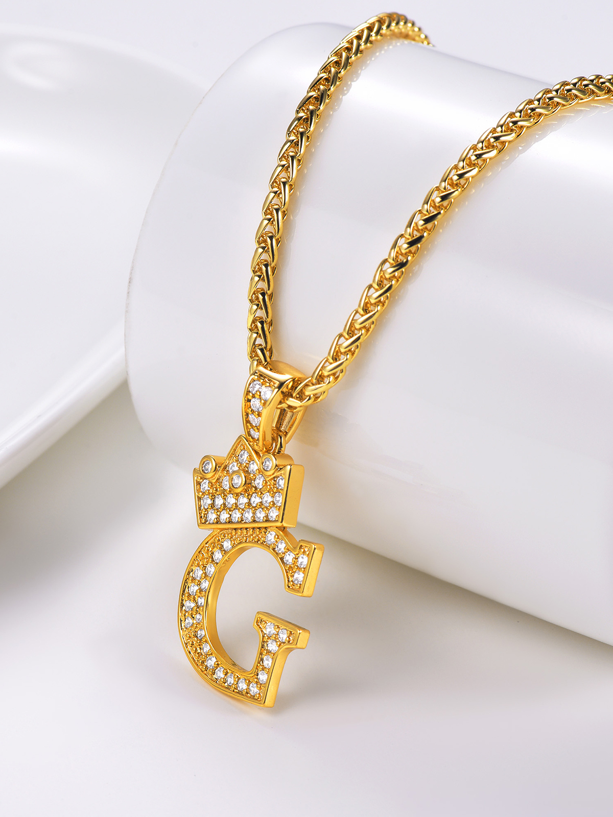 Crown Initial G Pendant Iced Out Necklace with CZ in 18K Gold