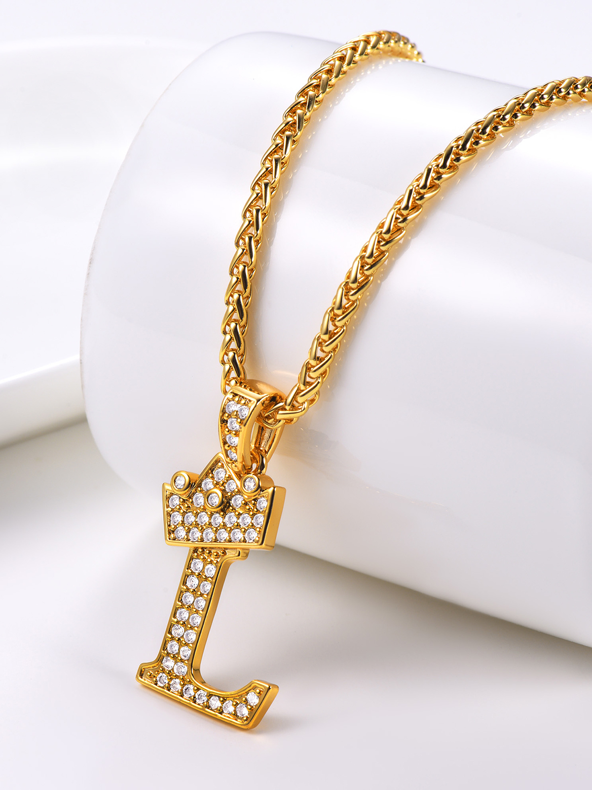 Crown Initial L Pendant Iced Out Necklace with CZ in 18K Gold