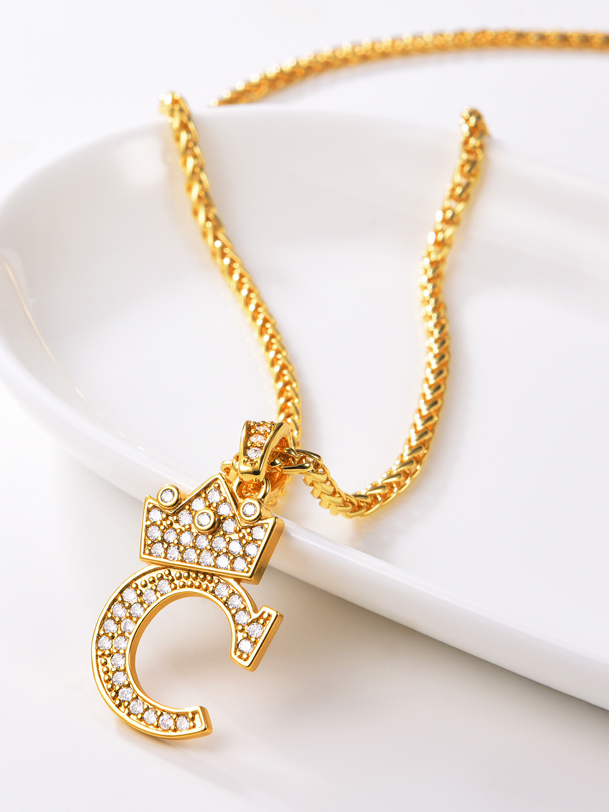 Crown Initial C Pendant Iced Out Necklace with CZ in 18K Gold