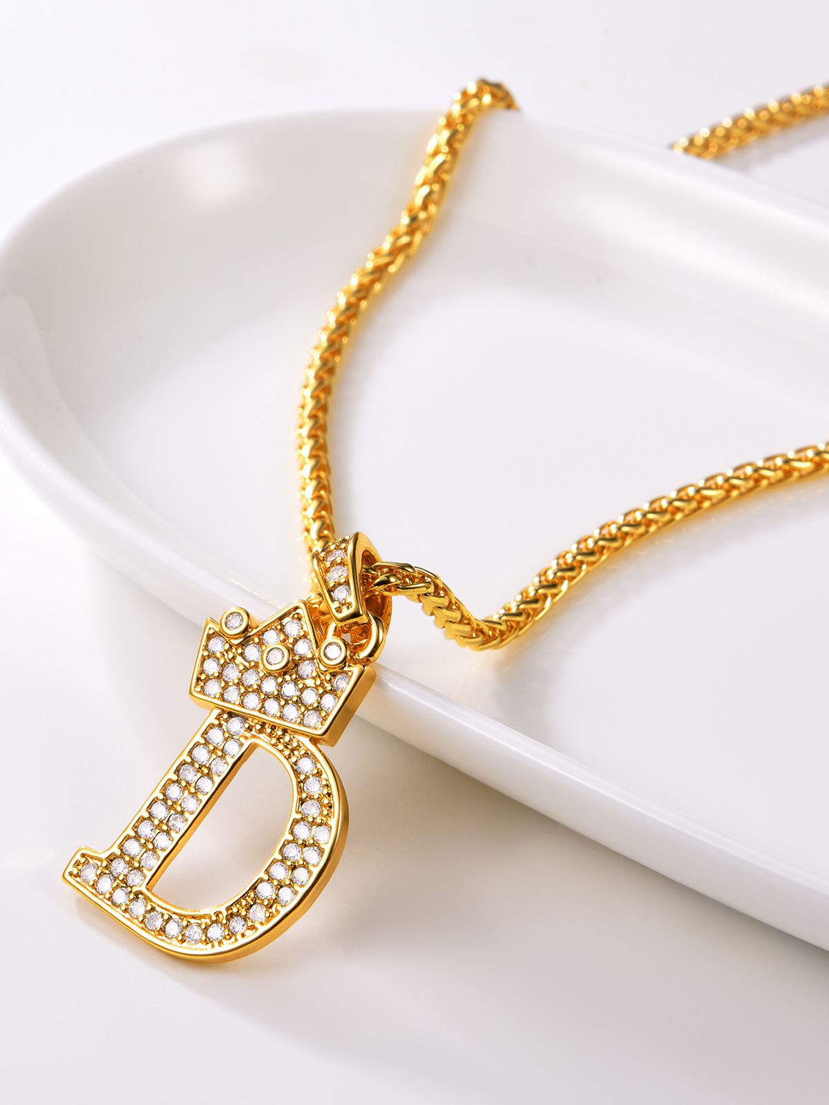 Crown Initial D Pendant Iced Out Necklace with CZ in 18K Gold