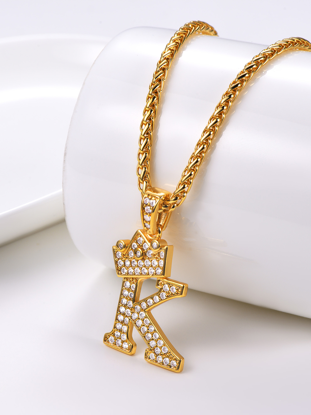 Crown Initial K Pendant Iced Out Necklace with CZ in 18K Gold