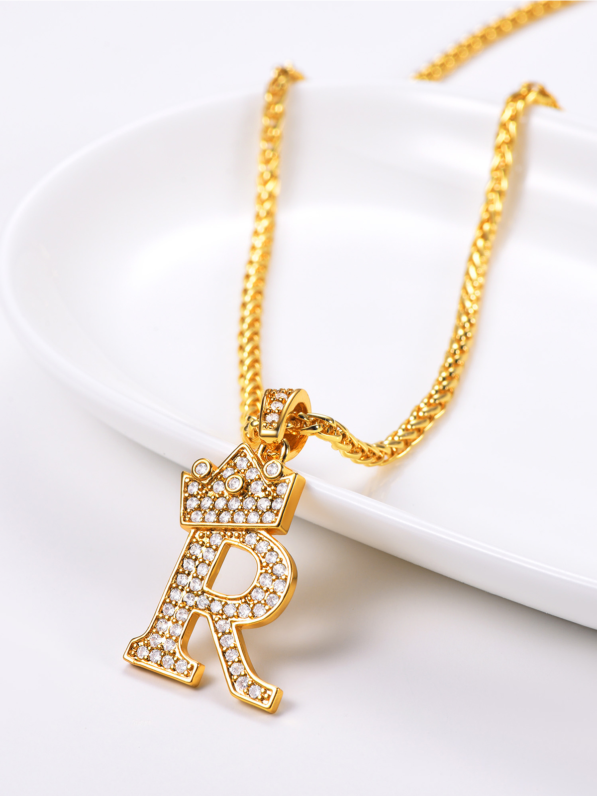 Crown Initial R Pendant Iced Out Necklace with CZ in 18K Gold