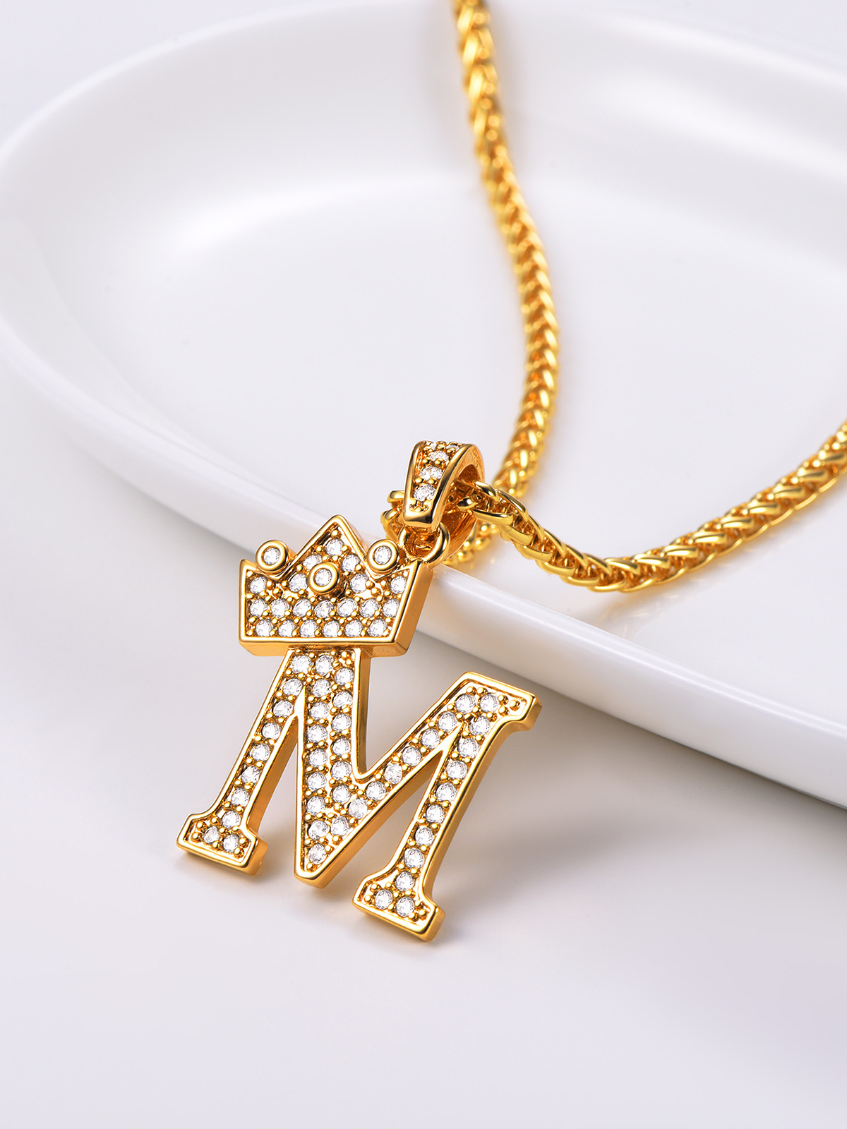 Crown Initial M Pendant Iced Out Necklace with CZ in 18K Gold