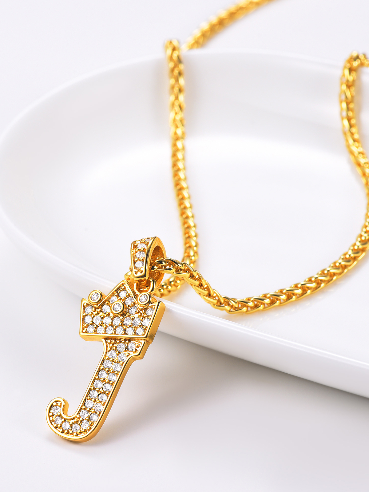 Crown Initial J Pendant Iced Out Necklace with CZ in 18K Gold