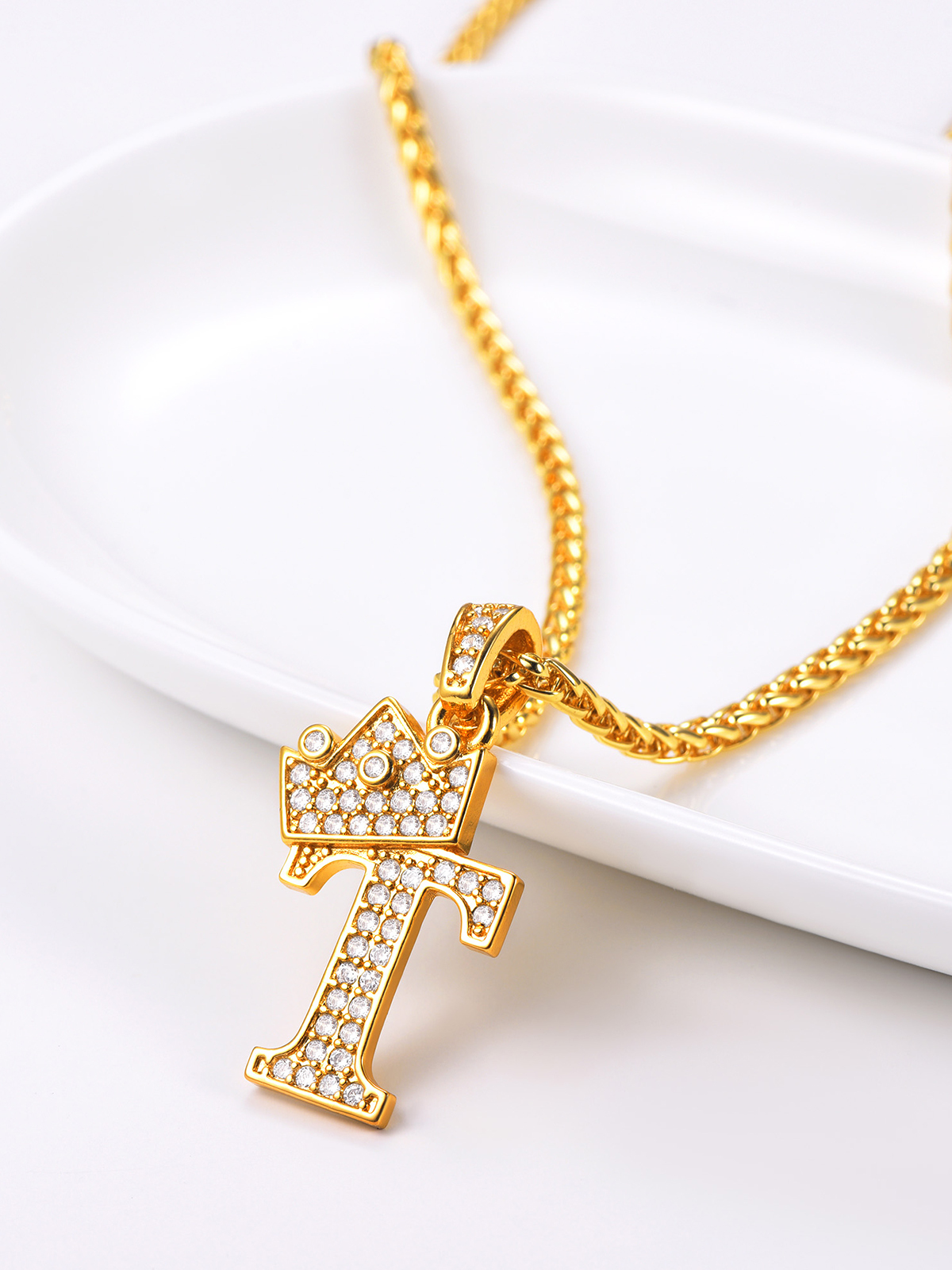 Crown Initial T Pendant Iced Out Necklace with CZ in 18K Gold