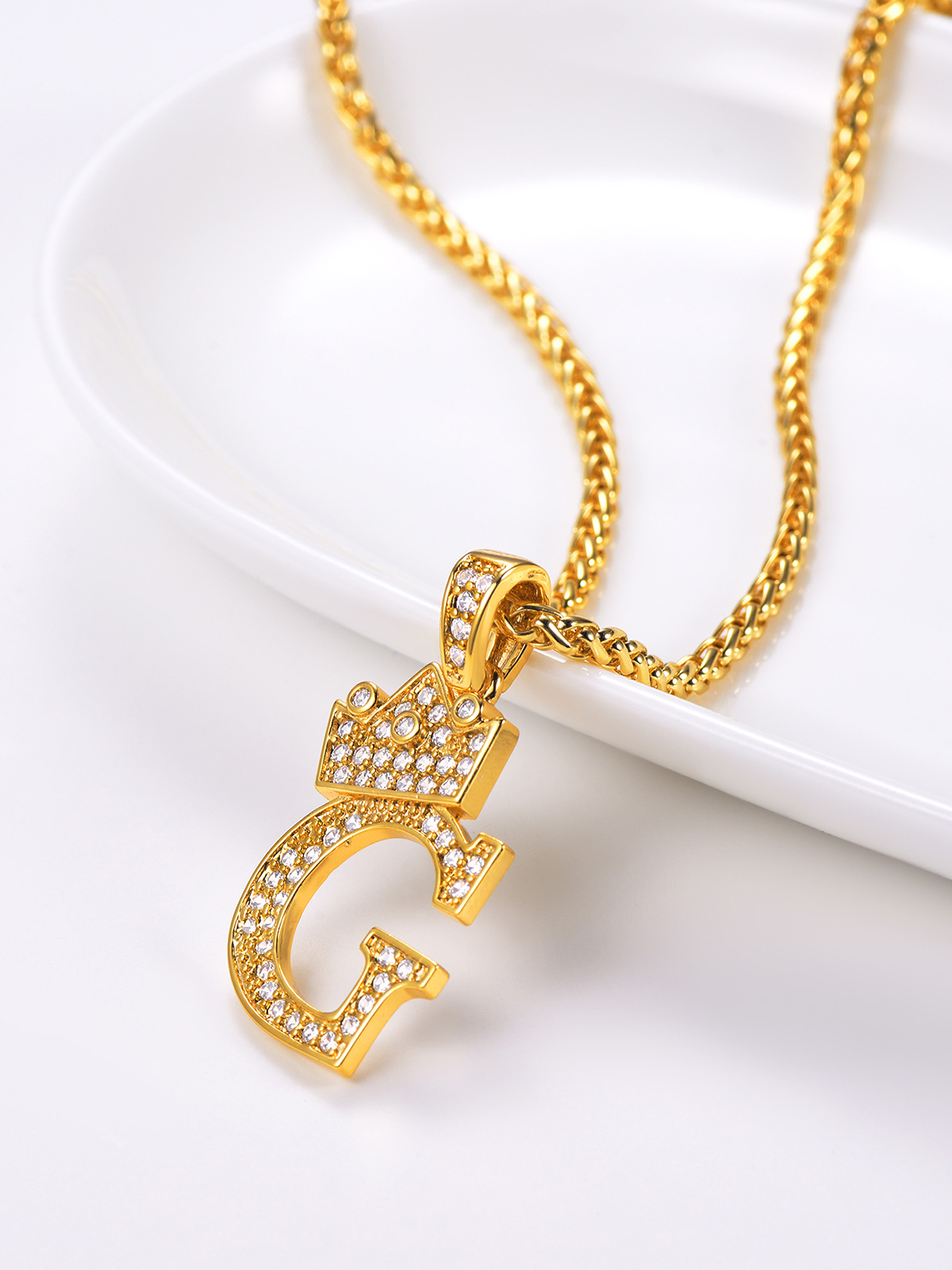 Crown Initial G Pendant Iced Out Necklace with CZ in 18K Gold