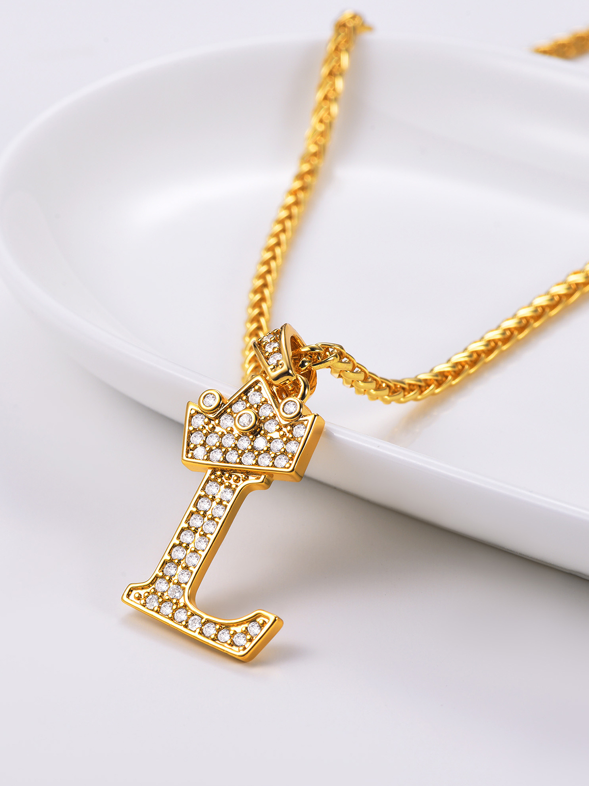 Crown Initial L Pendant Iced Out Necklace with CZ in 18K Gold