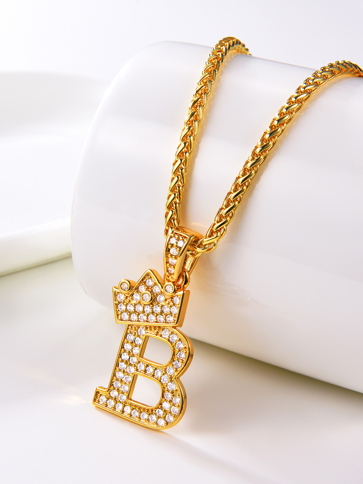 Crown Initial Pendant Iced Out Necklace with CZ in 18K Gold