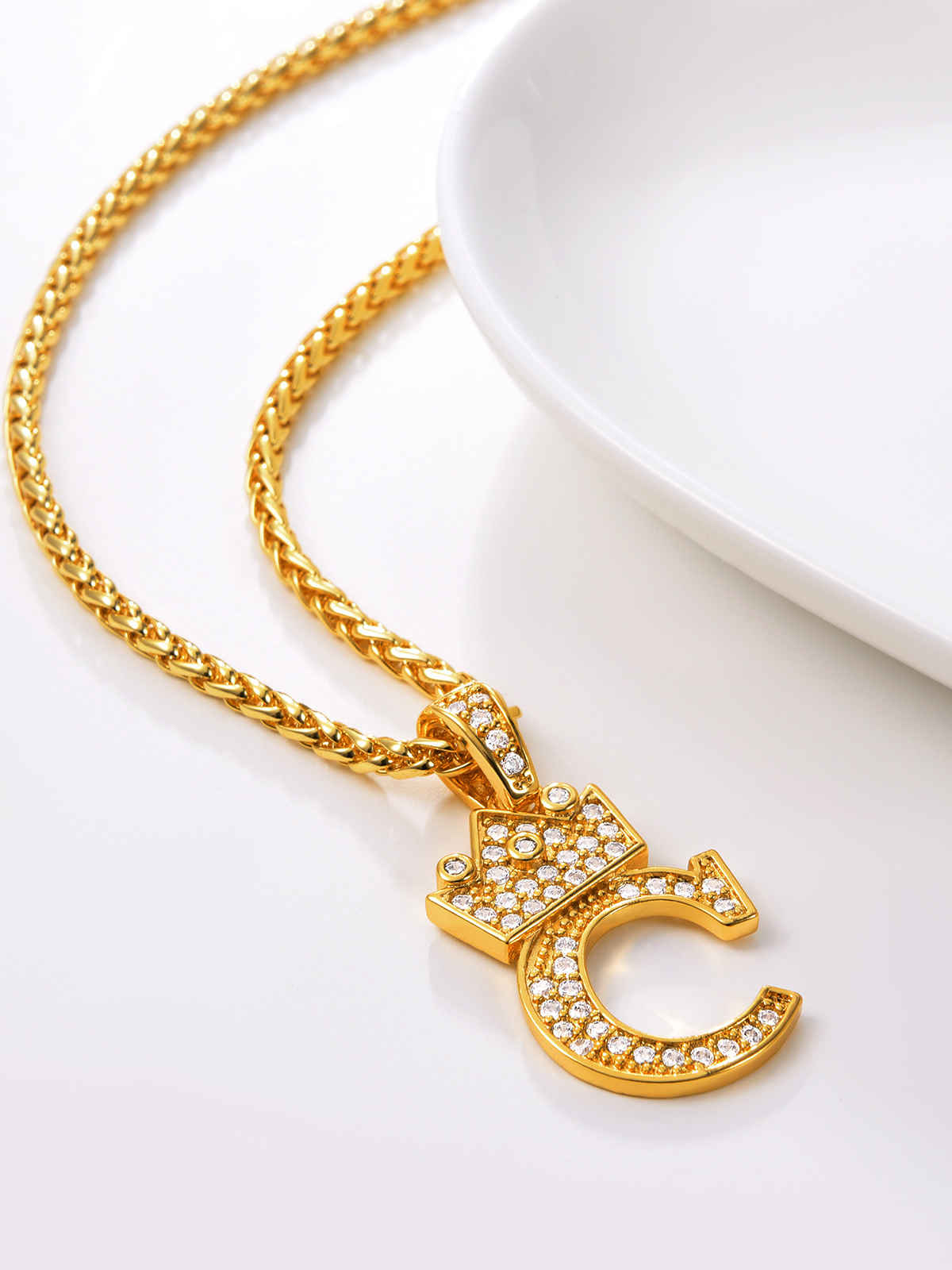 Crown Initial C Pendant Iced Out Necklace with CZ in 18K Gold