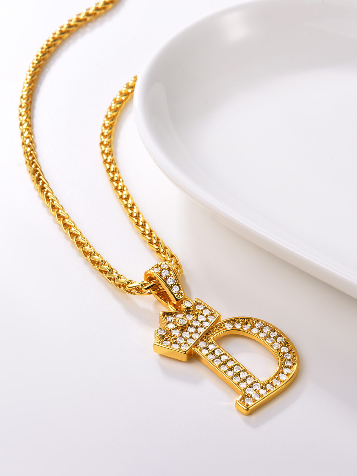 Crown Initial D Pendant Iced Out Necklace with CZ in 18K Gold