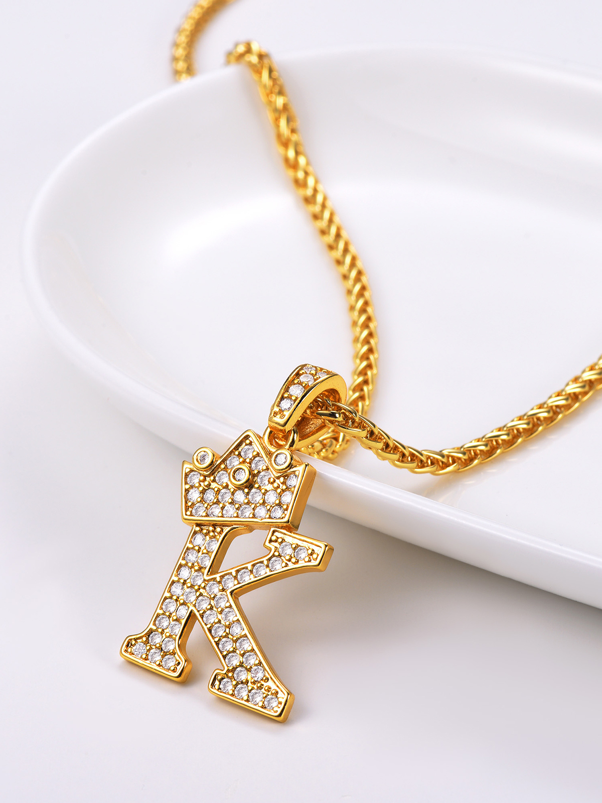 Crown Initial K Pendant Iced Out Necklace with CZ in 18K Gold