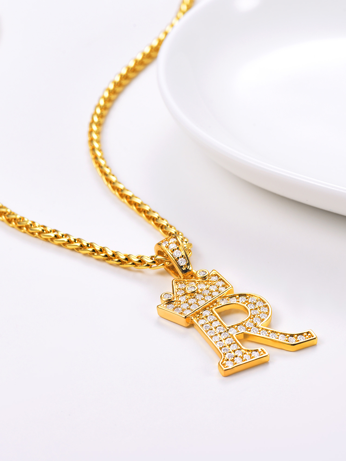 Crown Initial R Pendant Iced Out Necklace with CZ in 18K Gold