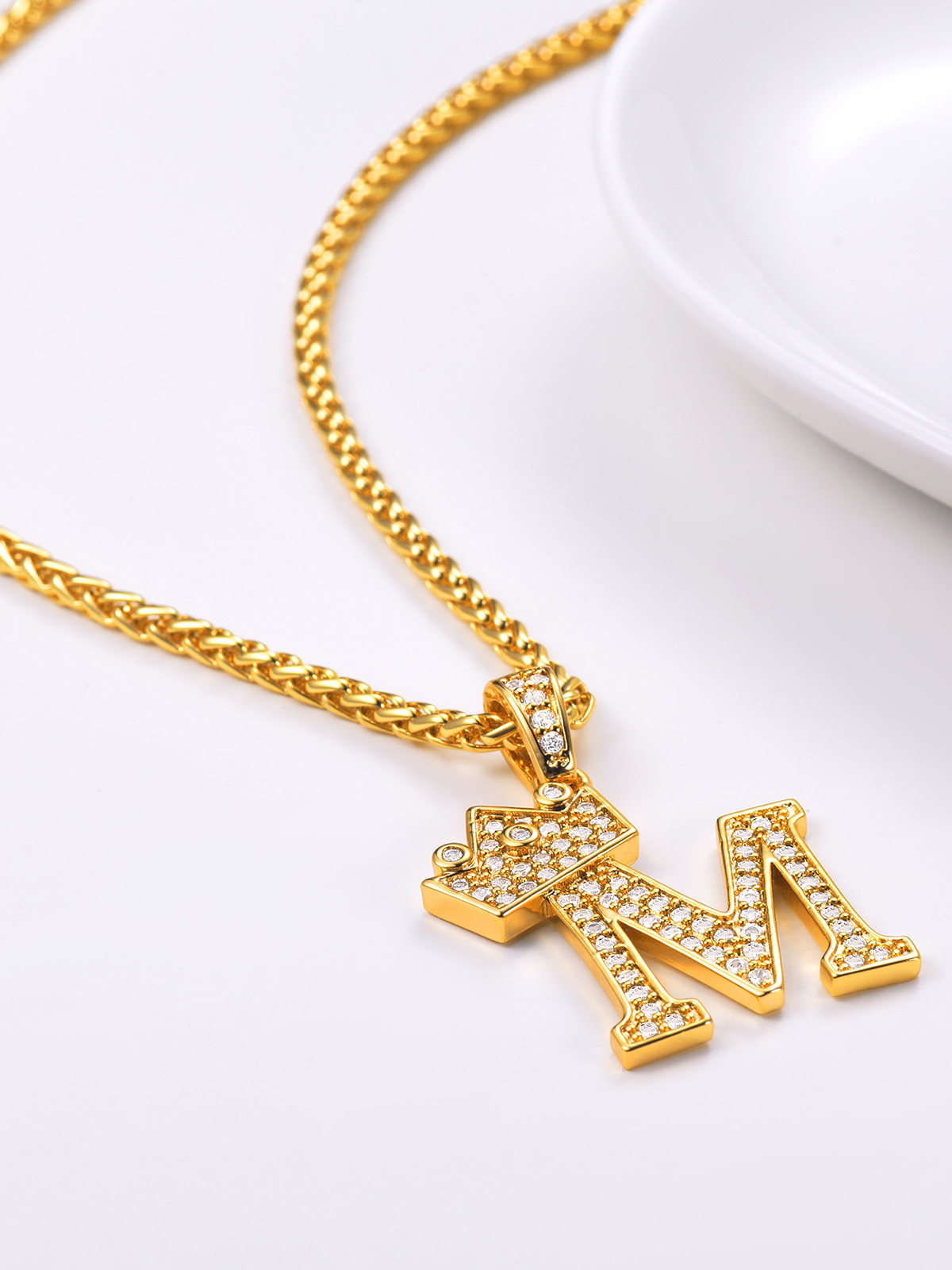 Crown Initial M Pendant Iced Out Necklace with CZ in 18K Gold