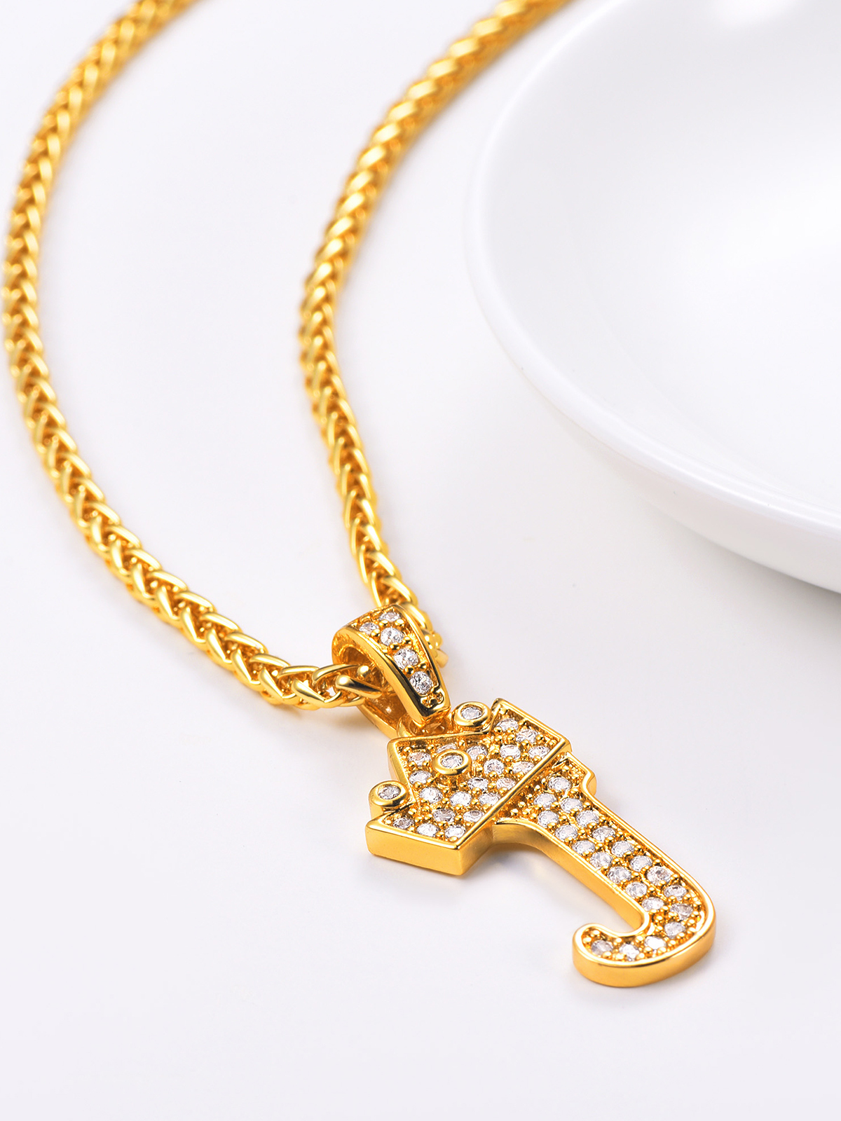 Crown Initial J Pendant Iced Out Necklace with CZ in 18K Gold