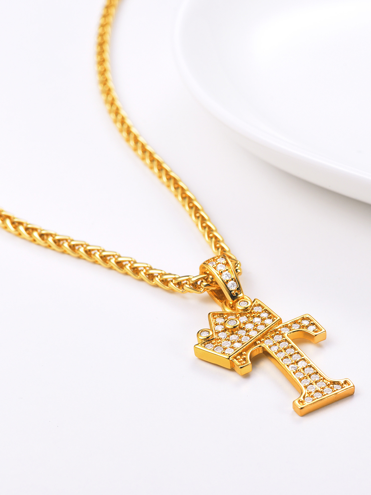 Crown Initial T Pendant Iced Out Necklace with CZ in 18K Gold